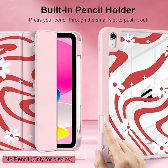 DONGKE Case for iPad (A16) 11th Generation 11 inch 2025 &amp iPad 10th Gen 10.9 inch 2022 [Built-in Pencil Holder] Clear Acrylic Back Trifold Stand Smart Cover Auto Sleep/Wake Swirl &amp Daisy