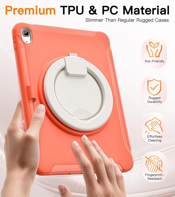 BATYUE Shockproof Case for iPad 10th Gen 10.9 2022 / 11th Gen (A16) 11 2025 | 360° Multi-Angle Stand (Portrait &amp Landscape) &amp Grip Built-in Screen Protector Pencil Holder Coral Orange