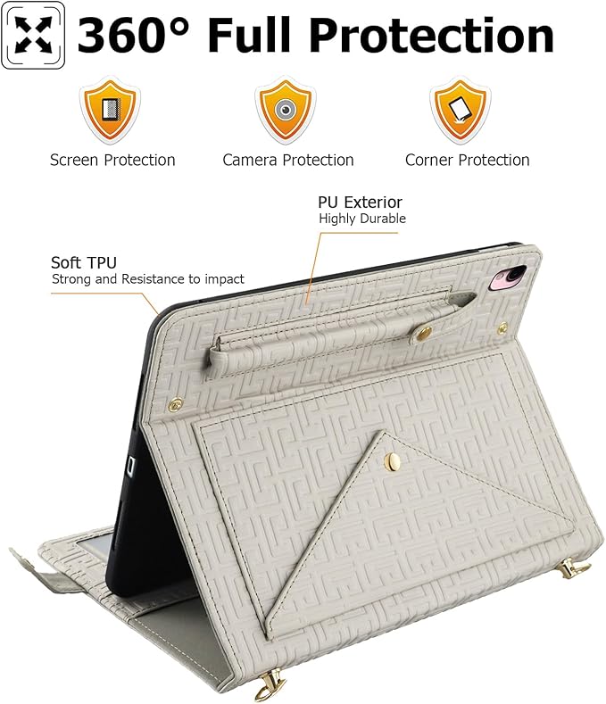 Dteck Handbag Case for iPad 9th/8th/7th Generation 2021/2020/2019 10.2 Inch with Pencil Holder Folio Stand PU Leather Crossbody Shoulder Hand Strap Card Pockets Magnetic Envelope Wallet CoverBeige