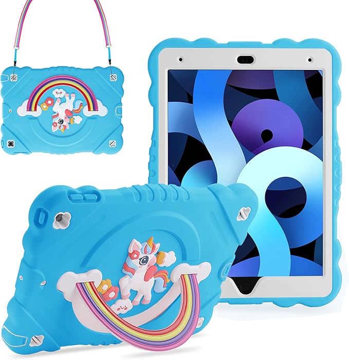 XZC Case for iPad 9th/8th/7th Generation 2021/2020/2019(10.2 inch) Unicorn Cute Cover Heavy Duty Shockproof Protective Case with Built-in Stand Strap for Kids Girls Women (Light Blue)