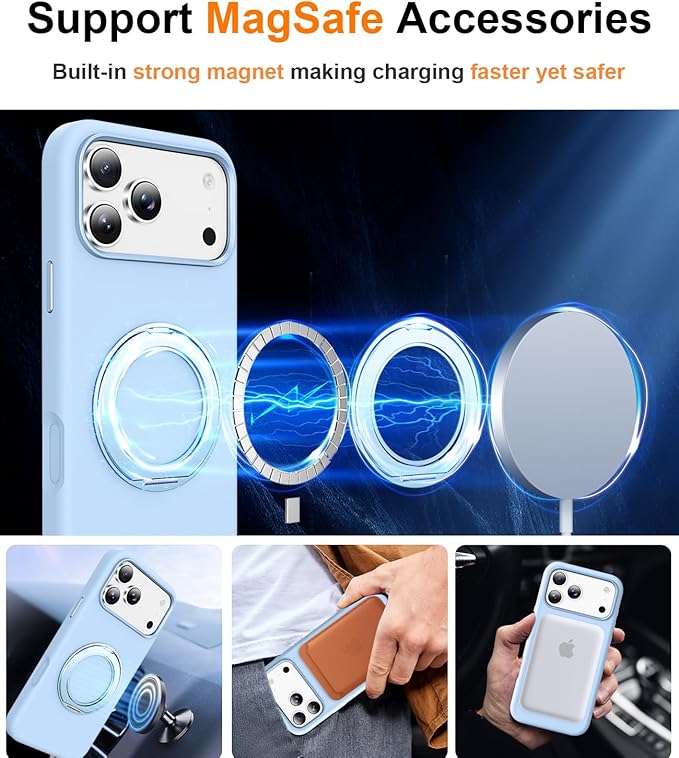 STERKER 360° Rotatable Stand Compatible with iPhone 17 Pro Max Case with Magnetic [Military Grade Drop Tested][Adjustable Kickstand] Ring Holder Silicone Slim Back Soft Edge Sky Blue