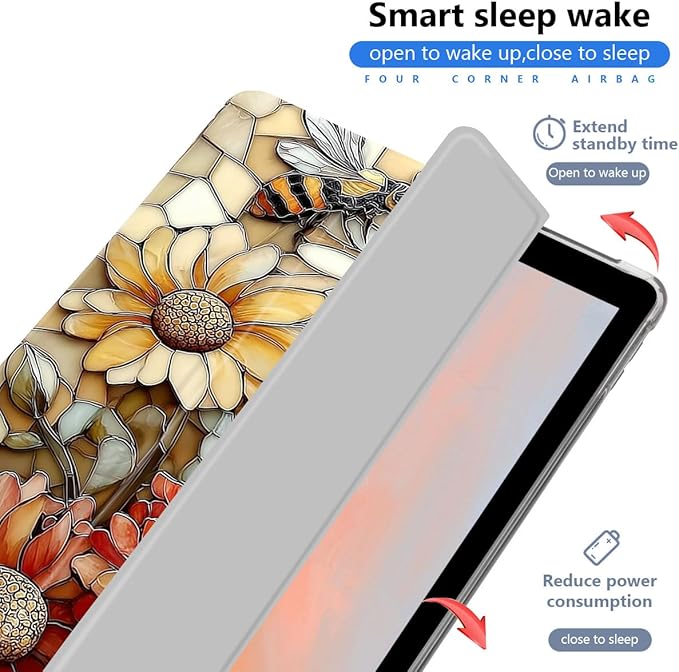 Cute Flower &amp Bee Case for iPad Pro 6th/5th/4th/3rd Gen (2022/2021/2020/2018) 12.9 Inch Sunflower Aesthetic Design Foldable Leather Protective Case Soft Back Cover with Pencil Holder