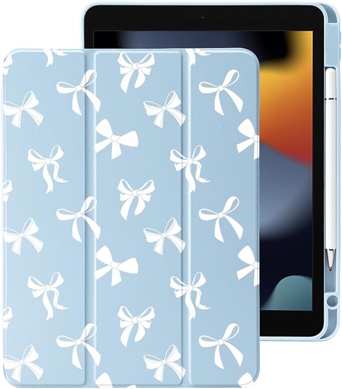 Cute Kawaii White Bow for iPad Pro 13 Inch Case (M5/M4) 2025/2024 with Pencil Holder Auto Sleep/Wake Blue Leather Clear Acrylic Back Cover