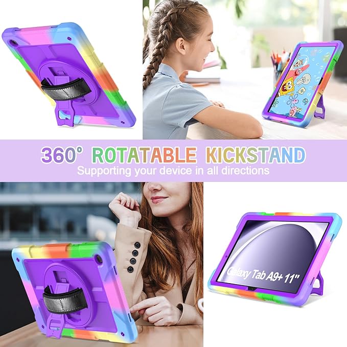 AVAWO Case for Samsung Galaxy A9+ Plus 11 inch 2023 with 360° Swivel Handle Strap Cover with Lanyard Colorful Purple