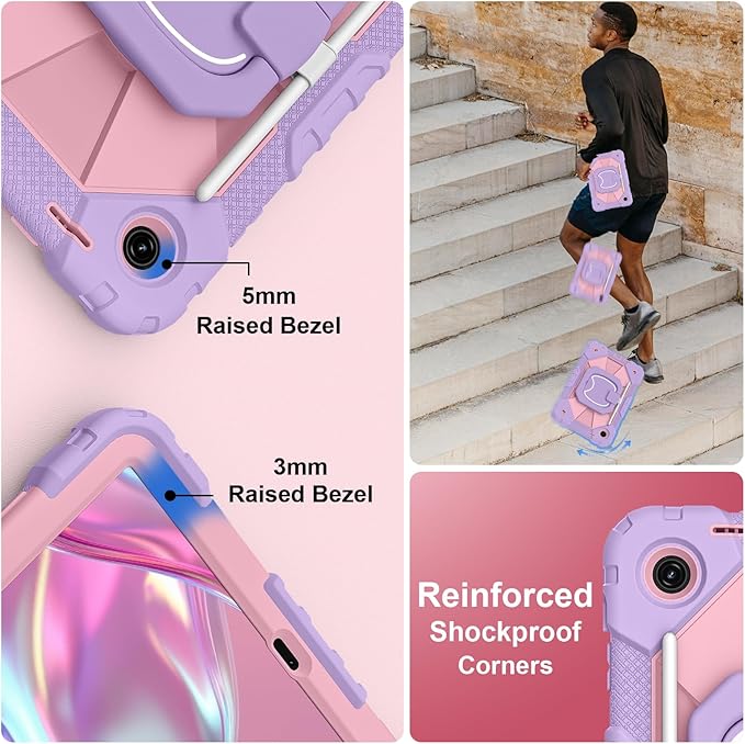 for T-Mobile Revvl Tab 2 Case 10.1 Inch 2025 Shockproof Cover for Revvl Tab 2 5G Tablet Case Kids with 360° Rotating Handle Stand Pen Holder Shoulder Strap Purple Rose