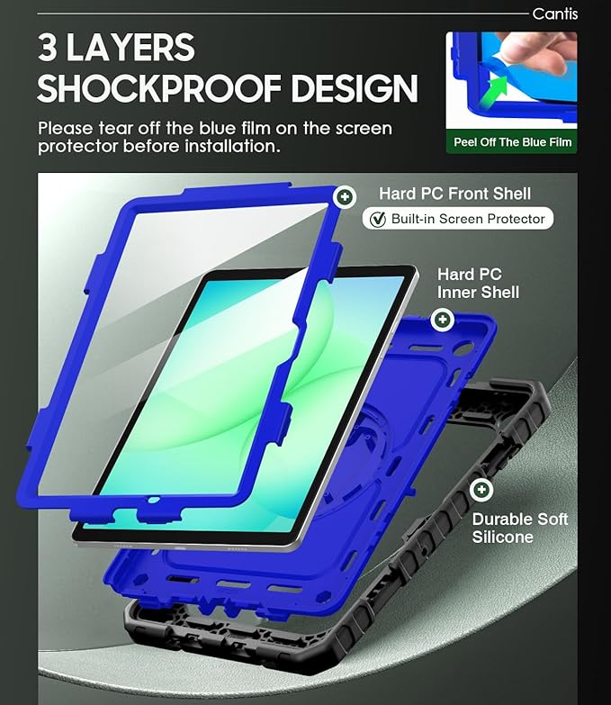 Cantis Case for Samsung Galaxy Tab A11 Plus 11 Inch 2026 (SM-X230/X236/X238) Shockproof Case for Tab A11+ with Screen Protector/Rotating Stand/Pen Holder/Shoulder Strap (Black+Dark Blue)