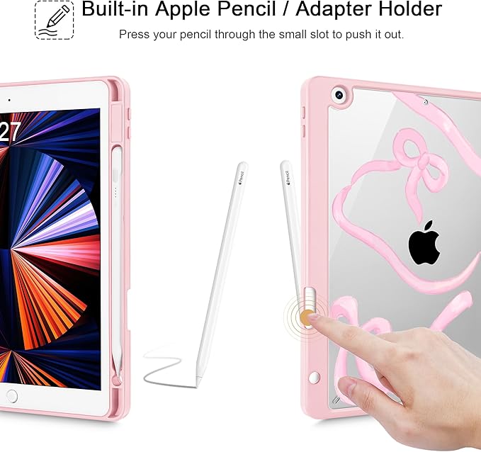 for iPad 9th Generation with Pencil Holder iPad 8th/7th Gen Case 10.2-inch [Built in Pencil Holder] Trifold Stand Auto Wake/Sleep Clear TPU Protection Back Cover Ribbon Bow Kitten