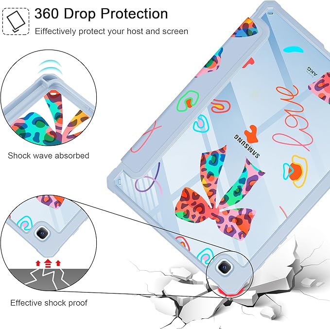 Mektron Case for Samsung Galaxy Tab S6 Lite 10.4 Inch 2024/2022/2020 with S Pen Holder Multi-Angle Viewing with Shockproof Cover Clear Shell + Trifold Stand + Auto Wake/Sleep Neon Bows-Blue