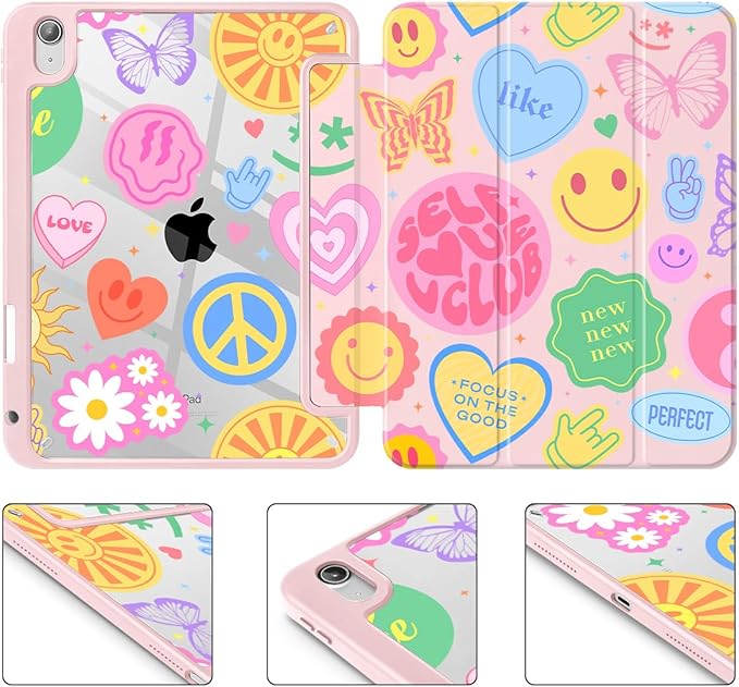 May Chen Case for iPad Air 13 Inch M4 2026 M3 2025 M2 2024 [Built-in Pencil Holder] Shockproof Cover with Clear Transparent Back Shell Auto Sleep/Wake Cover Smile Art