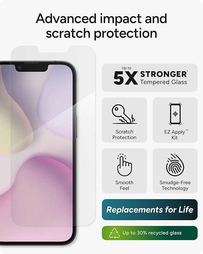 ZAGG Glass Elite Screen Protector for Apple iPhone 17e/ 16e/ 14/13/ 13 Pro - Advanced Impact and Scratch Protection Anti-Fingerprint Technology InvisibleShield Easy to Install