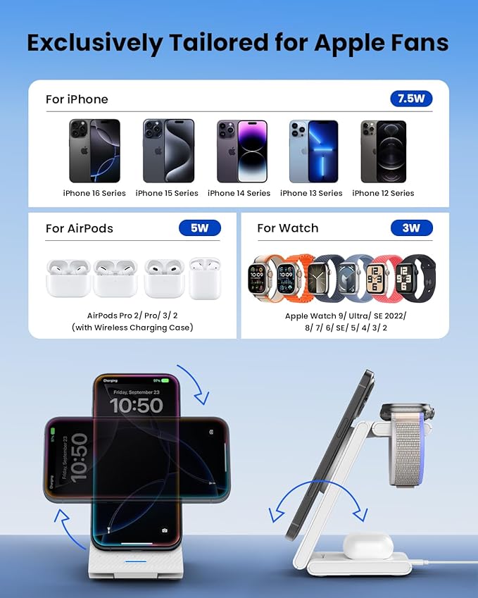 3 in 1 Wireless Charging Station Foldable Magnetic Wireless Charger Stand for Multiple Devices Wireless Charger for iPhone 16/15/14/13/12 Apple Watch 9/8/7/6/SE/5/4/3/2 AirPods 3/2/Pro