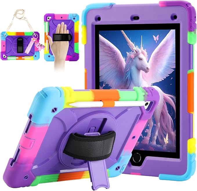for iPad 6th Generation/iPad 5th Gen/iPad Air 2/iPad Pro 9.7 Case with Cute Key Chain Rugged Protective Case with Rotating Stand &amp Shoulder Hand Strap for iPad 6th/5th/ Air 2 (Rainbow Purple)
