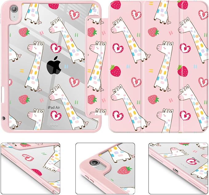 Case for iPad Air 11'' (M4 2026/M3 2025/M2 2024)/ iPad Air 10.9'' Air 5th /4th Gen Shockproof Cover with Clear Back Shell &amp Penceil Holder Auto Wake/Sleep Stand Cover Giraffe-Strawberry-Pink