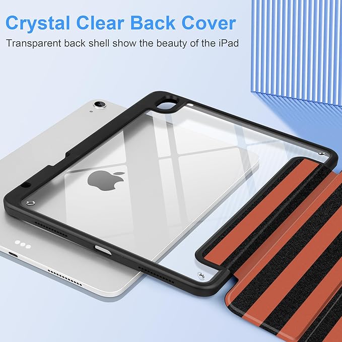 DONGKE Case for iPad Air 11-inch M4 2026 &amp M3 2025 &amp M2 2024 iPad Air 5th/4th Generation 10.9 2022/2020 [Built-in Pencil Holder] Clear Acrylic Back Trifold Stand Smart Cover Orange Stripes