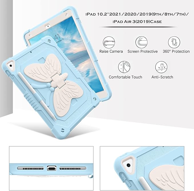 YINLAI Case for iPad 9th 8th 7th Generation 10.2 Inch iPad air 3rd Case with Pencil Holder Butterfly Kickstand Kid Girl Shockproof Protective Cover for iPad 9 8 7 Gen 2021/2020/2019 Blue