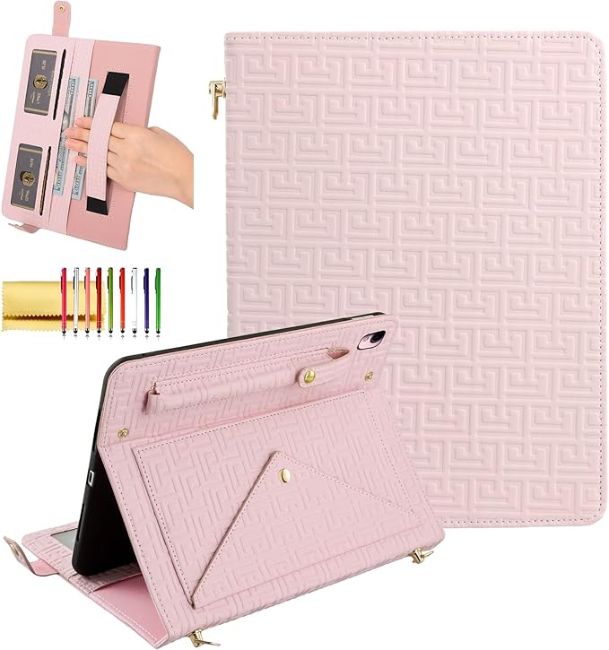 Dteck Handbag Case for iPad 9th/8th/7th Generation 2021/2020/2019 10.2 Inch with Pencil Holder Folio Stand PU Leather Crossbody Shoulder Hand Strap Card Pockets Magnetic Envelope Wallet CoverPink