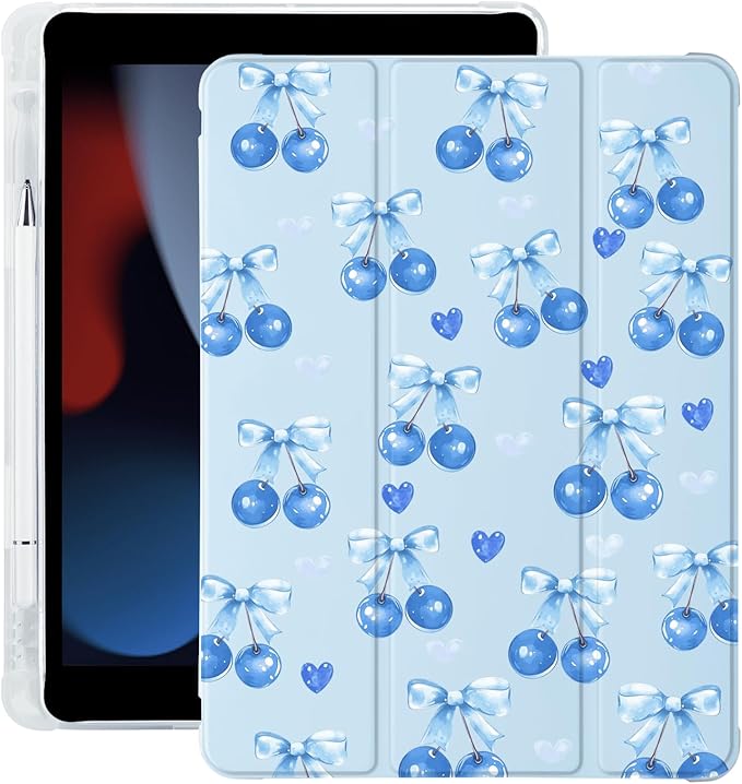 Cute Cherry Bow for iPad Pro 11 Inch Case 4th/3rd/2nd Generation 2022/2021/2020 with Pencil Holder Auto Sleep/Wake Blue Leather Soft TPU Back Cover