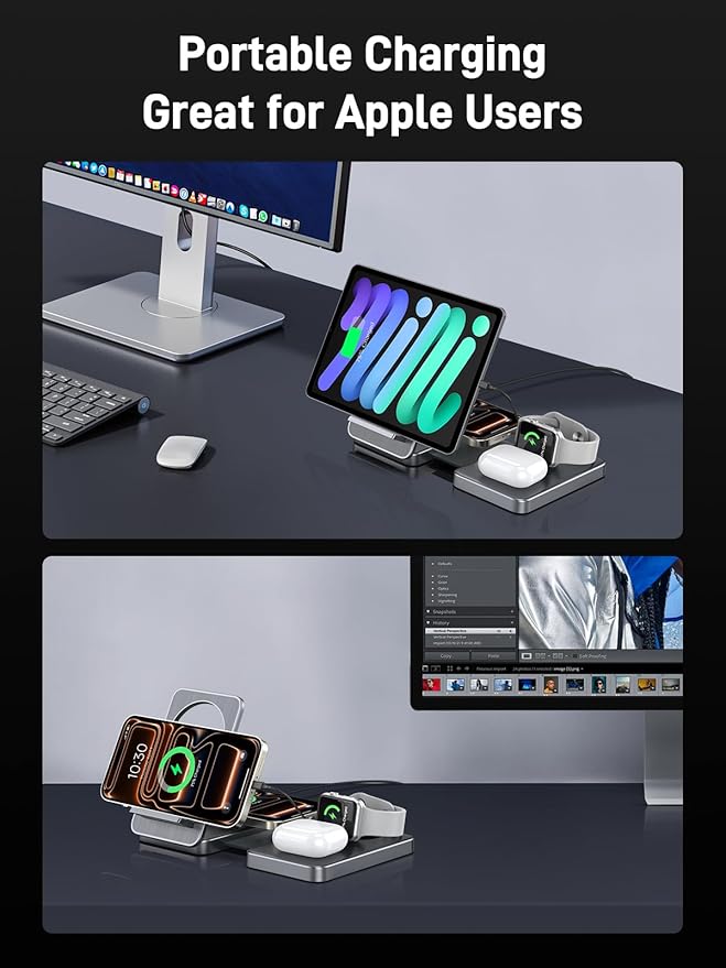 Wireless Charger 4 in 1 for Apple Charging Station for iPhone 17 Pro Max/16/15 AirPods Pro2 iPad Stand Watch Charger for iWatch Series 10/9/8 Foldable Charging Station for Multiple Devices (Grey)