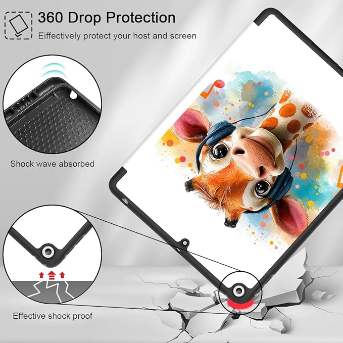 Mektron Designed Printed iPad 10.2 Case 9th Gen (2021)/ 8th Gen (2020)/ 7th Gen (2019) with Pencil Holder Slim Protective Case with Soft TPU Back Auto Wake/Sleep for iPad 10.2 Inch Cute Giraffe