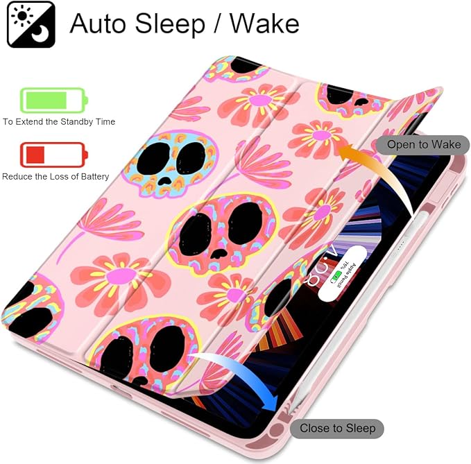 Mektron Case for 2026 iPad Air 13 inch M4 Cover Compatible 2025 iPad Air 13 inch M3 2024 iPad Air 13 inch M2 with Pencil Holder Shockproof Clear Shell Skull &amp Flowers Pink