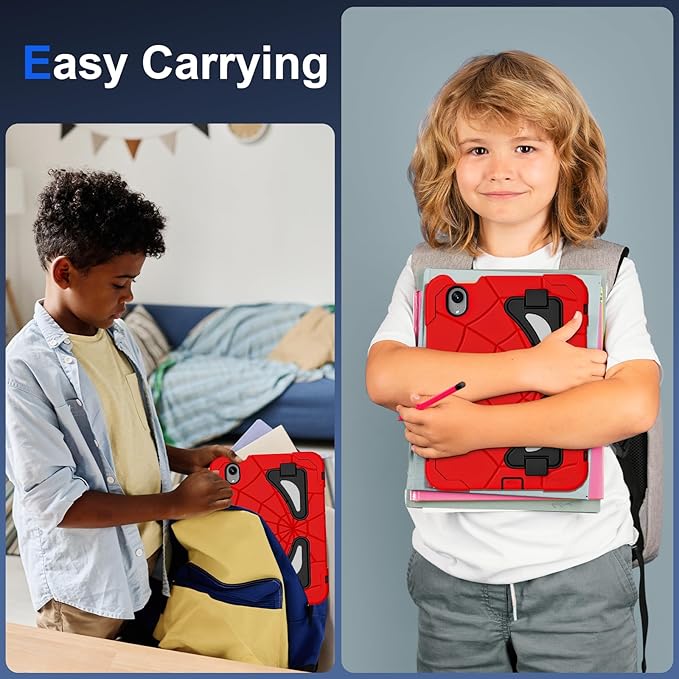 Kids Case for iPad mini 7 A17 Pro 2024/ Mini 6 8.3 inch Spider Case for iPad mini 7th 6th Generation Shockproof Durable Full Protective Cover with Pencil Holder Kickstand (Red+Black)