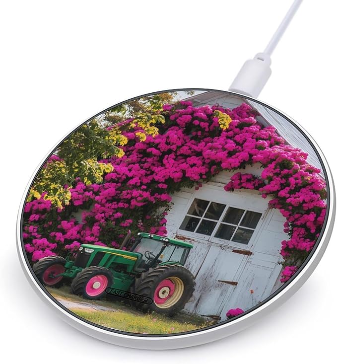 Farmhouse Tractor with Flowers Wireless Charger Anti-Slip Wireless Charging Pad Slim Charger Mat for Men Women