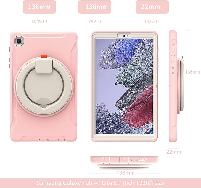 Shockproof Case for Samsung Galaxy Tab A7 Lite 8.7 Tablet Techcircle Rotating Stand Handle Heavy Duty Bumper Hybrid Cover Protective Case for Galaxy Tab A7 Lite (2021) SM-T220/T225 Baby Pink