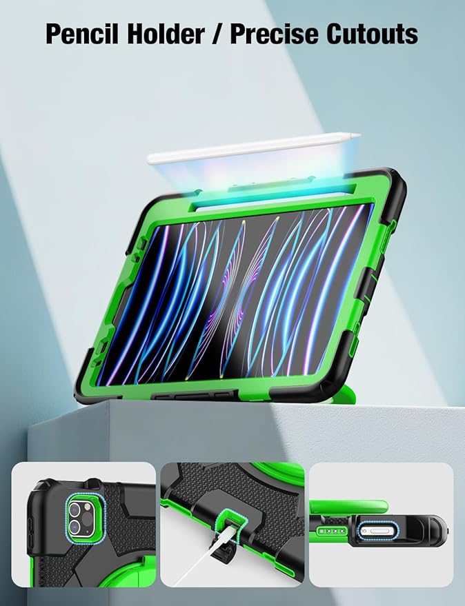 SCSVPN Kids Case for iPad Air 5th/4th Generation 10.9-inch 2022/2020 iPad Pro 11'' 4th/3rd/2nd/1st Gen 2022 2021 2020 2018 Protection Case with Pen Holder Stand Handle Shoulder Strap Black Green