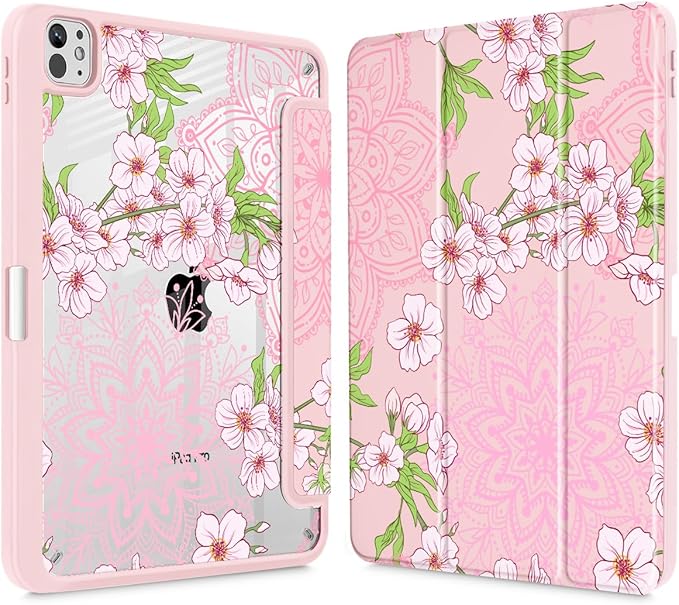 Mektron Case for M5/ M4 iPad Pro 11 inch 2025/2024 with Pencil Holder Compatible Models: A3357/A3358/A3359/A2836/A2837/A3006 Shockproof Cover Clear Shell Blossom Sakura-Pink