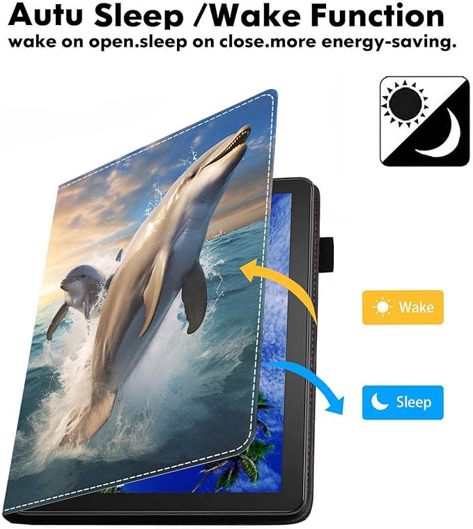 Case for Amazon Kindle Fire 7 Tablet (7 9th/7th Generation 2019/2017 Release) Slim PU Leather Cover with Card Slot &amp Auto Wake/Sleep Dolphin