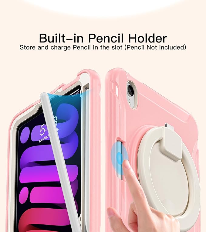 BATYUE Shockproof Case for iPad mini 7 (A17 Pro)/ Mini 6 8.3 inch (2024/2021) - 360° Multi-Angle Stand (Portrait &amp Landscape) &amp Grip Built-in Pencil Holder Pink