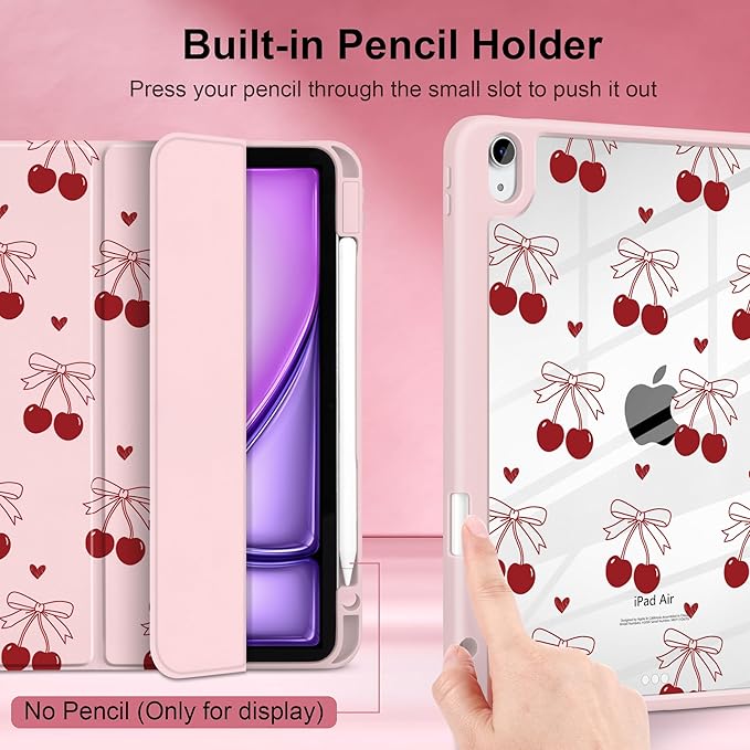 DONGKE Case for iPad Air 11-inch M4 2026 &amp M3 2025 &amp M2 2024 iPad Air 5th/4th Generation 10.9 2022/2020 [Built-in Pencil Holder] Clear Acrylic Back Trifold Stand Smart Cover Cherry &amp H