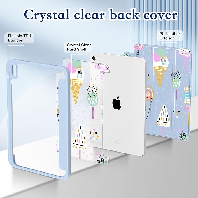 CISSOOK for iPad (A16) 11 inch Case 2025 /iPad 10th Generation 10.9 2022 with Pencil Holder Trifold Stand with Soft TPU + PC Transparent Hard Shell Back Cover Blue Ice Cream
