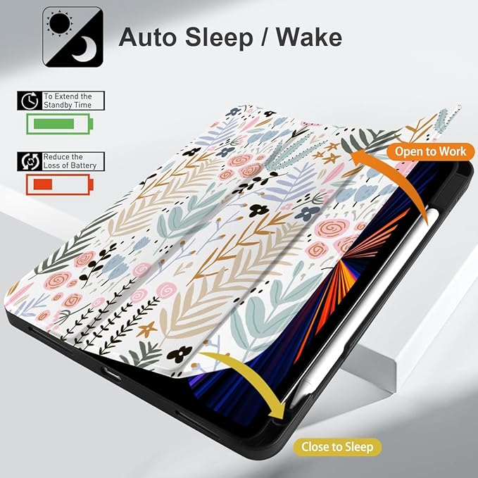 DONGKE Case for 2022/2021/2020/2018 iPad Pro 11 inch Gen 4/3/2/1 - Slim Protective Case - Built in Pencil Holder Support Charging - Trifold Stand &amp Sleep/Wake Cover - Tiny Flowers