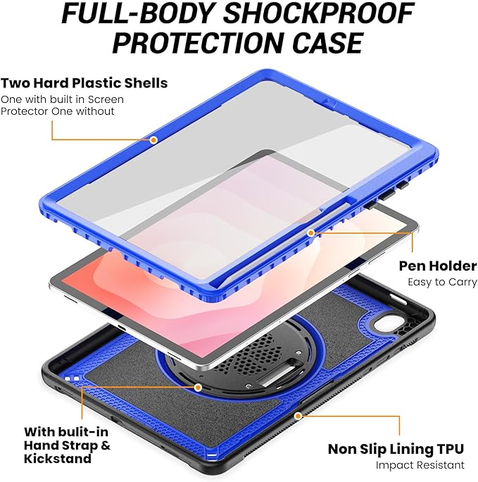 Case for Samsung Galaxy Tab S10 Lite / S10 FE / S9 FE 5G / S9 Tablet Case 10.9''/ 11'' with Screen Protector Pen Holder 360°Rotate Hand Strap/Stand Shoulder Strap Blue