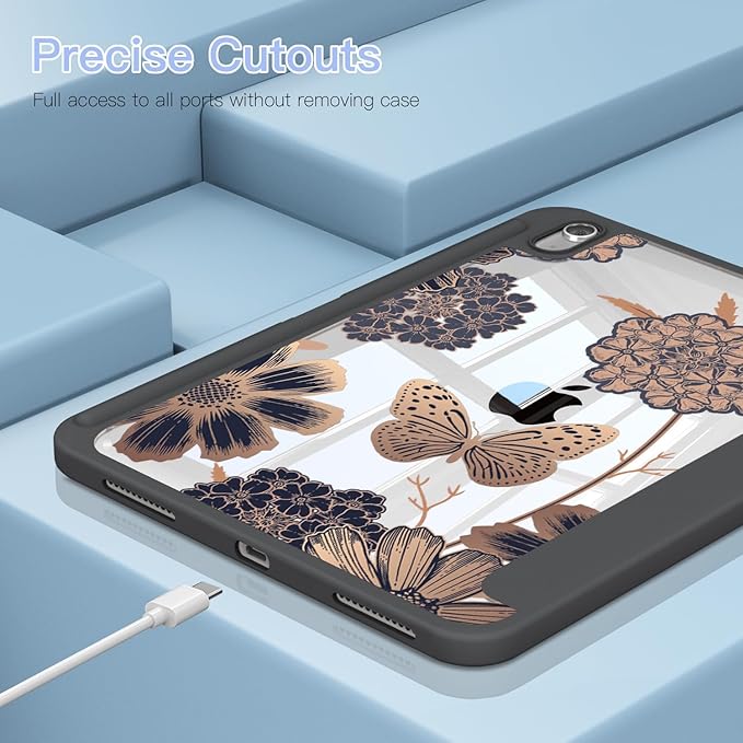 Teryeefi for iPad (A16) 11 inch Case 2025 /iPad 10th Generation 10.9 inch 2022 with Pencil Holder Trifold Stand with Soft TPU + PC Transparent Hard Shell Back Cover Butterflies Flowers