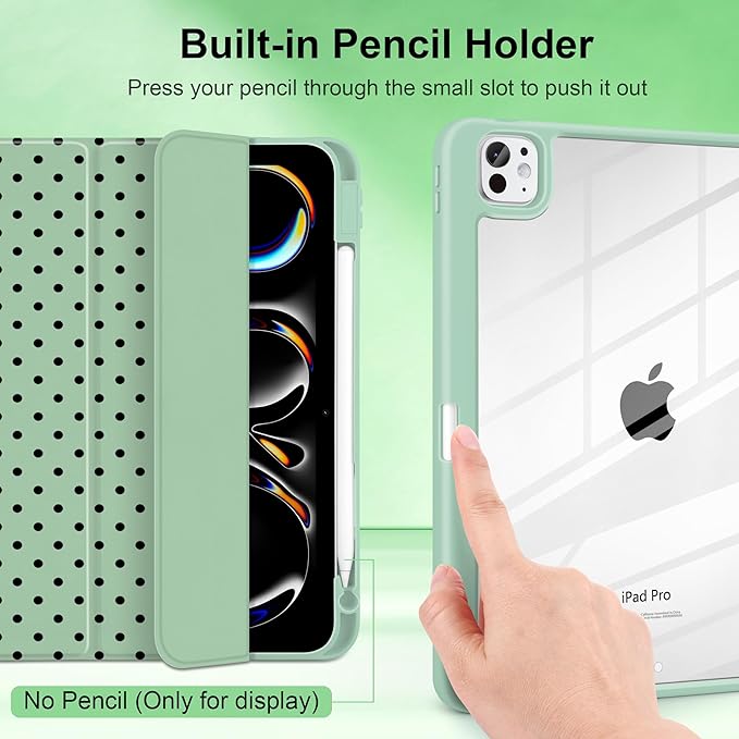 Case for iPad Pro 11 Inch (M5 2025 M4 2024) – [Built-in Pencil Holder] Shockproof &amp Stylish Clear Hard Back + Soft TPU Edge Magnetic Trifold Stand Auto Wake/Sleep Green Polka dot