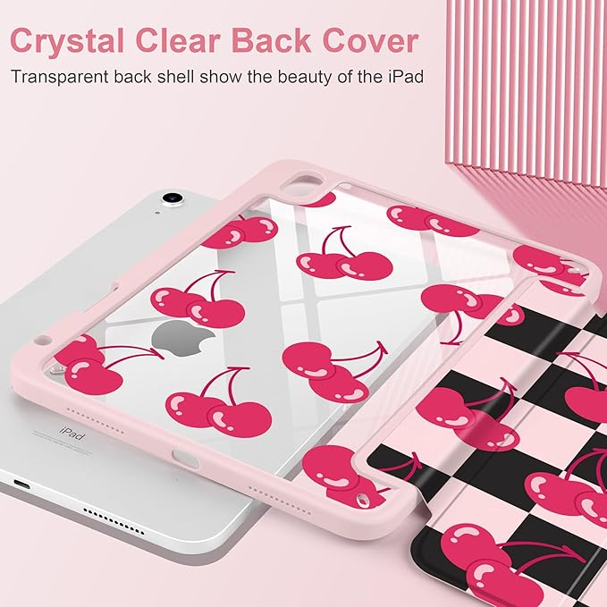DONGKE Case for iPad (A16) 11th Generation 11 inch 2025 &amp iPad 10th Gen 10.9 inch 2022 [Built-in Pencil Holder] Clear Acrylic Back Trifold Stand Smart Cover Auto Sleep/Wake Cherry Checkers