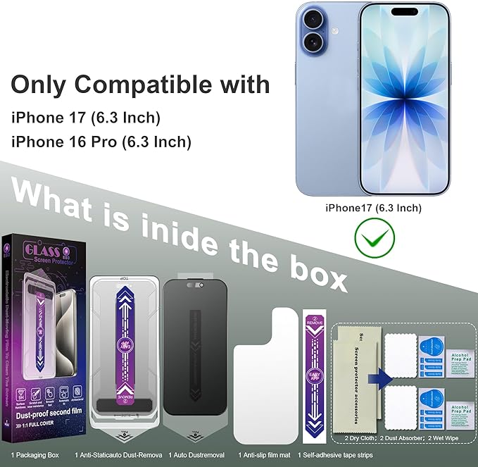 Matte Privacy Screen Protector for iPhone 17 iPhone 16 Pro 6.3-Inch Auto Dust Removal 9H Anti-Spy Tempered Glass Film Full Cover Anti-Fingerprint Easy Installation 2 Pack