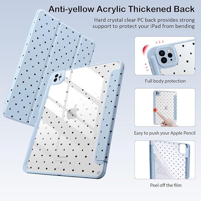 Cute Heart Polka Dot for iPad Pro 12.9 Inch Case 5th/6th Generation 2022/2021/2020 with Pencil Holder Auto Sleep/Wake Blue Leather Clear Acrylic Back Cover