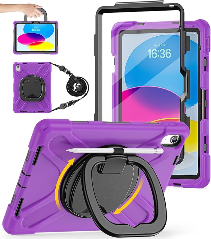 BATYUE Case for iPad (A16) 11th/10th Gen 11''/10.9'' 2025/2022 - Heavy Duty Shockproof Cover with 360° Rotating &amp 180° Folding Stand Screen Protector Shoulder Strap &amp Pencil Holder |Purple