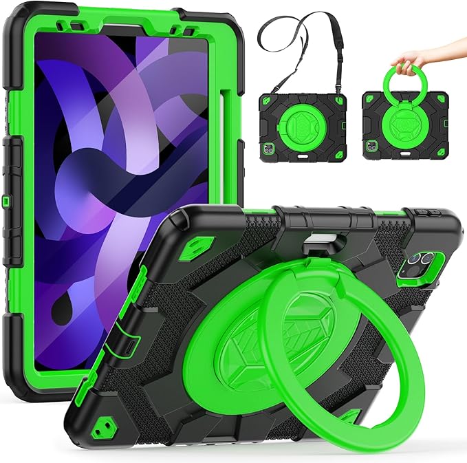 SCSVPN Kids Case for iPad Air 5th/4th Generation 10.9-inch 2022/2020 iPad Pro 11'' 4th/3rd/2nd/1st Gen 2022 2021 2020 2018 Protection Case with Pen Holder Stand Handle Shoulder Strap Black Green