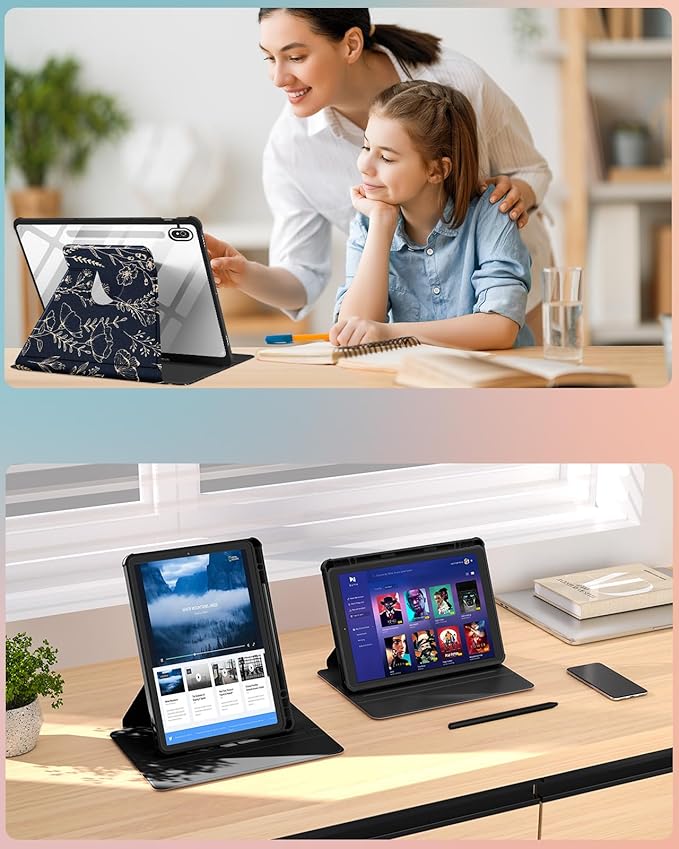 for Samsung Galaxy Tab S10 Fe Case - Tab S9 Fe/S9 Case with Pencil Holder Women Girl Cute Girly Pretty Black Floral Unique Aesthetic Design Teens Rotating Tablet Cases Cover