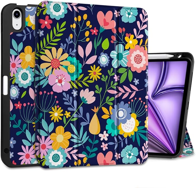 DONGKE for iPad Air 11 Inch Case M4 2026 / M3 2025 / M2 2024 &amp iPad Air 5th 2022 / 4th Gen 2020 10.9 Inch Ultra Thin Soft TPU Back Cover with Pencil Holder Support Auto Wake/Sleep Floral Navy