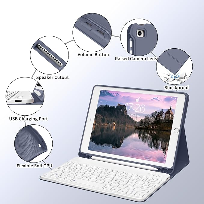 kenke for iPad 6/5th Generation Case with Keyboard 9.7 Inch 2018/2017 iPad Air 2/1 Detachable Wireless Bluetooth iPad Keyboard Case with Built-in Left Side Pencil Holder Auto Wake/Sleep (Purple)