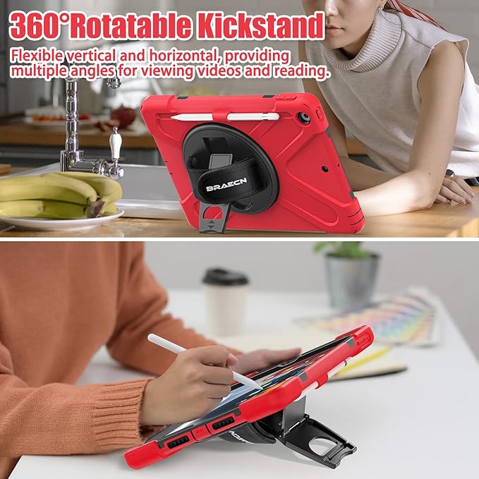 BRAECNstock for Apple iPad 9th/ 8th/ 7th Generation Case 10.2 2021/2020/2019 Shockproof Protective Case with Screen Protecter Pencil Holder 360° Rotating Stand+Hand Strap Shoulder Strap Red