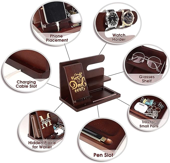 Personalized Wood Phone Docking Station For Dad-Best Dad Ever-Key Holder Wallet Stand Watch Organizer Dad Gifts Birthday Nightstand Fathers Day Christmas Travel Idea Gadgets To Dad From Daughter Son