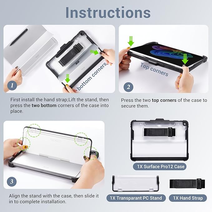 CoBak Rugged Case for Microsoft Surface Pro 12 2025 Shockproof Protective Cover with Hand Strap Multi-Angle Kickstand Built-in Stylus Holder Compatible with Type Cover Keyboard Black