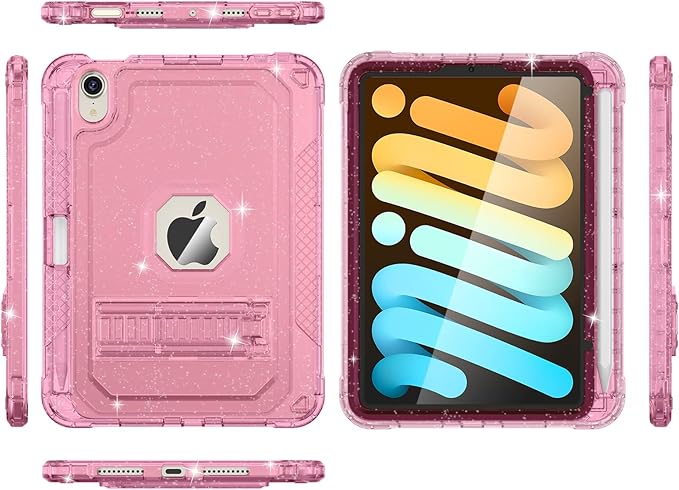 Case for iPad mini A17 Pro for iPad mini 7th/6th Generation Case 8.3 inch 2024/2021 with Pencil Holder/Stand Slim Cover for i Pad Mini 7/6 (Clear Glitter Pink)