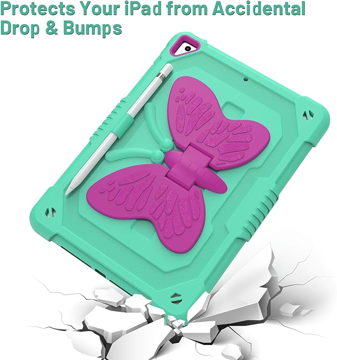 Ambison Case for iPad 9th/8th/7th Generation 10.2 inch with Glass Screen Protector Rugged Shockproof Protective Cover for Kids Girls Butterfly Stand Shoulder Strap for iPad 2021/2020/2019-Mint Green